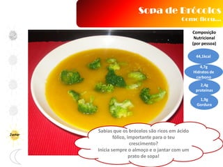 Sopa de Brócolos
Como ficou…
Composição
Nutricional
(por pessoa)
44,1kcal
4,7g
Hidratos de
carbono
2,4g
proteínas
1,9g
Gordura
Sabias que os brócolos são ricos em ácido
fólico, importante para o teu
crescimento?
Inicia sempre o almoço e o jantar com um
prato de sopa!
Jantar
 