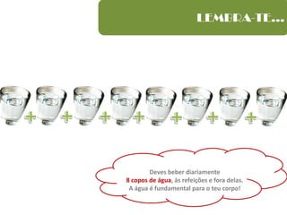 LEMBRA-TE…
Deves beber diariamente
8 copos de água, às refeições e fora delas.
A água é fundamental para o teu corpo!
 
