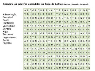 A Z G O R D U R A S A Q T E A N L P D F J L Q R T
V D H K I A L E A R T I Y V B M L O F D L R E T I
E R T H N S D V M H O P F R U T A R T C E N V B X
N W G B A E Z V B U O L P O R G K L S N G D A C V
M B H I L A C B N E G R Y U Ç X Z T R T U J L V B
T U N L I Y U W B N L M T A I C B A E X M I T M C
D F L Ç M I O P E D F B N I A S C Q T Ç I A V B U
O L Ç Y E U I F G H O M T I C O L A S D N I E O P
A S D G N U L A C T I C I N I O S V B X O O A Z C
M R W V T A L J G B M O P R H Ç L E R T S I U C E
E F J S A U D Á V E L A E T M L X A Z Q A R T H R
G F K I Ç A L O Ç D G T B N M K Z X S A S O I P E
T Y N M Ã T K L J A F L W B S A I X E O L U M O A
E F G H O L E H I C B N F M L Ç A Q O P E R N S I
J K L C M O I P E S C A D O S D H K L W Q Ç I Z S
G H K M X C O F A D I L Ç M Z V D T Á G U A I P O
Descobre as palavras escondidas na Sopa de Letras (Vertical, Diagonal e horizontal)
Alimentação
Saudável
Fruta
Hortícolas
Lacticínios
Cereais
Água
Gorduras
Leguminosas
Carne
Pescado
 