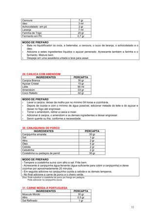 Cenoura                                                    7 gr
óleo                                                       3 ml
Achocolatado em pó                                         2 gr
Laranja                                                    7 ml
Farinha de Trigo                                          20 gr
Fermento em Pó                                            0,7 gr

MODO DE PREPARO
- Bata no liquidificador os ovos, a beterraba, a cenoura, o suco de laranja, o achocolatado e o
  óleo.
- Adicione a estes ingredientes líquidos o açúcar peneirado. Acrescente também a farinha e o
  fermento. Misture bem.
- Despeje em uma assadeira untada e leve para assar.




29. CANJICA COM AMENDOIM
           INGREDIENTES                               PERCAPTA
Canjica Branca                                          30 gr
Açúcar Cristal                                          15 gr
Leite                                                   90 ml
Amendoim                                                03 gr
Coco Ralado                                             02 gr

MODO DE PREPARO
- Lavar a canjica, deixar de molho por no mínimo 04 horas e cozinhá-la.
- Depois de cozida e com o mínimo de água possível, adicionar metade do leite e do açúcar e
  deixar no fogo até engrossar.
- Torrar o amendoim, retirar a casca e moer.
- Adicionar à canjica, o amendoim e os demais ingredientes e deixar engrossar.
- Servir quente ou fria, conforme a necessidade.


30. CANJIQUINHA DE PORCO
         INGREDIENTES                                                PERCAPTA
Canjiquinha amarela                                                    30 gr
Sal                                                                     1 gr
Alho                                                                    2 gr
Óleo                                                                    5 gr
Cebola                                                                  2 gr
Cebolinha                                                               2 gr
Costelinha ou pedaços de pernil                                        30 gr

MODO DE PREPARO
- Tempere a costelinha suína com alho e sal. Frite bem.
- Acrescente à canjiquinha água fervente (água suficiente para cobrir a canjiquinha) e deixe
cozinhar por aproximadamente 20 minutos.
- Em seguida adicione na canjiquinha cozida a cebola e os demais temperos.
- No final adicione a carne de porco e o cheiro verde.
Dica: Pode substituir a costelinha de porco por frango em pedaços.
      Pode adicionar na canjiquinha couve.


31. CARNE MOÍDA À PORTUGUESA
           INGREDIENTES                               PERCAPTA
Músculo Moído                                           30 gr
Alho                                                    0,5 gr
Sal Refinado                                             1 gr

                                                                                               12
 