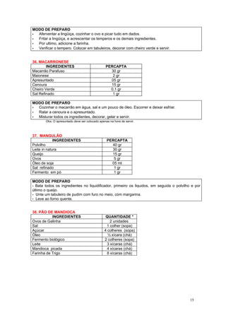 MODO DE PREPARO
- Aferventar a lingüiça, cozinhar o ovo e picar tudo em dados.
- Fritar a lingüiça, e acrescentar os temperos e os demais ingredientes.
- Por ultimo, adicione a farinha.
- Verificar o tempero. Colocar em tabuleiros, decorar com cheiro verde e servir.


36. MACARRONESE
        INGREDIENTES                             PERCAPTA
Macarrão Parafuso                                  30 gr
Maionese                                            2 gr
Apresuntado                                        05 gr
Cenoura                                            15 gr
Cheiro Verde                                       0,1 gr
Sal Refinado                                        1 gr

MODO DE PREPARO
- Cozinhar o macarrão em água, sal e um pouco de óleo. Escorrer e deixar esfriar.
- Ralar a cenoura e o apresuntado.
- Misturar todos os ingredientes, decorar, gelar e servir.
       Obs: O apresuntado deve ser colocado apenas na hora de servir.



37. MANGULÂO
             INGREDIENTES                        PERCAPTA
Polvilho                                           40 gr
Leite in natura                                    30 gr
Queijo                                             15 gr
Ovos                                                5 gr
Óleo de soja                                       05 ml
Sal refinado                                        1 gr
Fermento em pó                                      1 gr

MODO DE PREPARO
- Bata todos os ingredientes no liquidificador, primeiro os liquidos, em seguida o polvilho e por
último o queijo.
- Unte um tabuleiro de pudim com furo no meio, com margarina.
- Leve ao forno quente.


38. PÃO DE MANDIOCA
           INGREDIENTES                          QUANTIDADE *
Ovos de Galinha                                     2 unidades
Sal                                              1 colher (sopa)
Açúcar                                          4 colheres (sopa)
Óleo                                              ½ xícara (chá)
Fermento biológico                              2 colheres (sopa)
Leite                                             3 xícaras (chá)
Mandioca picada                                   4 xícaras (chá)
Farinha de Trigo                                  8 xícaras (chá)




                                                                                           15
 