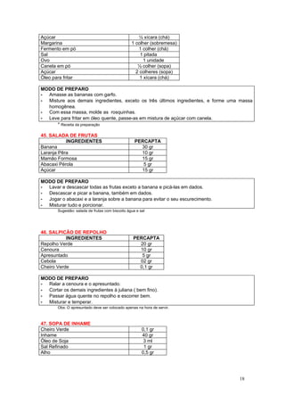 Açúcar                                              ½ xícara (chá)
Margarina                                        1 colher (sobremesa)
Fermento em pó                                      1 colher (chá)
Sal                                                  1 pitada
Ovo                                                    1 unidade
Canela em pó                                        ½ colher (sopa)
Açúcar                                             2 colheres (sopa)
Óleo para fritar                                     1 xícara (chá)

MODO DE PREPARO
- Amasse as bananas com garfo.
- Misture aos demais ingredientes, exceto os três últimos ingredientes, e forme uma massa
  homogênea.
- Com essa massa, molde as rosquinhas.
- Leve para fritar em óleo quente, passe-as em mistura de açúcar com canela.
      * Receita da preparação

45. SALADA DE FRUTAS
           INGREDIENTES                            PERCAPTA
Banana                                               30 gr
Laranja Pêra                                         10 gr
Mamão Formosa                                        15 gr
Abacaxi Pérola                                        5 gr
Açúcar                                               15 gr

MODO DE PREPARO
- Lavar e descascar todas as frutas exceto a banana e picá-las em dados.
- Descascar e picar a banana, também em dados.
- Jogar o abacaxi e a laranja sobre a banana para evitar o seu escurecimento.
- Misturar tudo e porcionar.
       Sugestão: salada de frutas com biscoito água e sal




46. SALPICÃO DE REPOLHO
           INGREDIENTES                           PERCAPTA
Repolho Verde                                       20 gr
Cenoura                                             10 gr
Apresuntado                                          5 gr
Cebola                                              02 gr
Cheiro Verde                                        0,1 gr

MODO DE PREPARO
- Ralar a cenoura e o apresuntado.
- Cortar os demais ingredientes à juliana ( bem fino).
- Passar água quente no repolho e escorrer bem.
- Misturar e temperar.
       Obs: O apresuntado deve ser colocado apenas na hora de servir.



47. SOPA DE INHAME
Cheiro Verde                                           0,1 gr
Inhame                                                 40 gr
Óleo de Soja                                            3 ml
Sal Refinado                                            1 gr
Alho                                                   0,5 gr




                                                                                   18
 