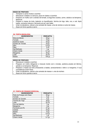 MODO DE PREPARO
- Temperar a carne moída e cozinhar.
- Descascar a batata e a cenoura, picar em dados e cozinhar.
- Preparar um molho com o extrato de tomate, os legumes cozidos, carne, cebola e os temperos.
  Reservar.
- Prepara a massa da torta, batendo no liquidificador, farinha de trigo, leite, ovo, e sal. Após
  batido, somente misturar o fermento em pó, sem bater.
- Untar os tabuleiros, colocar uma camada de massa, uma de recheio e outra de massa.
- Assar em forno quente e servir.



56. TORTA MADALENA
            INGREDIENTES                  PERCAPTA
Músculo Moído                                30 gr
Tomate                                       10 gr
Azeitona Verde                               03 gr
Extrato de Tomate                            03 gr
Alho                                        0,5 gr
Óleo                                         5 ml
Sal Refinado                                 1 gr
Cheiro Verde                                0,1 gr
Margarina                                    05 gr
Leite                                       20 ml
Batata                                      100 gr

MODO DE PREPARO
- Descascar a batata e cozinhar.
- Preparar um molho refogando o músculo moído com o tomate, azeitona picada em lâmina,
  extrato e os temperos. Reservar.
- Preparar a massa da torta amassando a batata, acrescentando o leite e a margarina. A sua
  consistência é bem firme.
- Untar os tabuleiros, colocar uma camada de massa e uma de recheio.
- Assar em forno quente e servir.




57. TORTA DE FRANGO ESPECIAL
            INGREDIENTES                  PERCAPTA
Peito de Frango com Osso                    50 gr
Tomate                                       5 gr
Extrato de Tomate                            5 gr
Farinha de Trigo                            30 gr
Leite                                       20 ml
Ovo de Galinha                               7 gr
Margarina                                    3 gr
Fermento em Pó                              01 gr
Cebola                                      03 gr
Batata                                      10 gr
Alho                                        0,5 gr
Sal Refinado                                 1 gr
Cheiro Verde                                0,1 gr

                                                                                          22
 