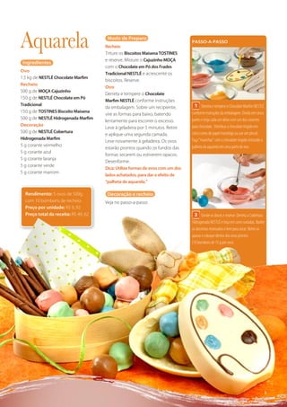 Aquarela                               Modo de Preparo
                                      Recheio
                                      Triture os Biscoitos Maisena TOSTINES
                                                                                PASSO-A-PASSO


                                      e reserve. Misture o Cajuzinho MOÇA
 Ingredientes
                                      com o Chocolate em Pó dos Frades
Ovo
                                      Tradicional NESTLÉ e acrescente os
1,5 kg de NESTLÉ Chocolate Marﬁm
                                      biscoitos. Reserve.
Recheio
                                      Ovo
500 g de MOÇA Cajuzinho
                                      Derreta e tempere o Chocolate
150 g de NESTLÉ Chocolate em Pó
                                      Marﬁm NESTLÉ conforme instruções
Tradicional                                                                       1 Derreta e tempere o Chocolate Marﬁm NESTLÉ
                                      da embalagem. Sobre um recipiente,
150 g de TOSTINES Biscoito Maisena                                              conforme instruções da embalagem. Divida em cinco
                                      vire as formas para baixo, batendo
500 g de NESTLÉ Hidrogenada Marﬁm                                               partes e tinja cada um delas com um dos corantes
                                      lentamente para escorrer o excesso.
Decoração                                                                       para chocolate. Distribua o chocolate tingido em
                                      Leve à geladeira por 5 minutos. Retire
500 g de NESTLÉ Cobertura                                                       cinco cones de papel manteiga ou use um pincel.
                                      e aplique uma segunda camada.
Hidrogenada Marﬁm                                                               Faça “manchas” com o chocolate tingido imitando a
                                      Leve novamente à geladeira. Os ovos
5 g corante vermelho                                                            palheta da aquarela em uma parte do ovo.
                                      estarão prontos quando os fundos das
5 g corante azul
                                      formas secarem ou estiverem opacos.
5 g corante laranja
                                      Desenforme.
5 g corante verde
                                      Dica: Utilize formas de ovos com um dos
5 g corante marrom
                                      lados achatados, para dar o efeito de
                                      “palheta de aquarela.”

  Rendimento: 5 ovos de 500g           Decoração e recheio
  com 10 bombons de recheio           Veja no passo-a-passo
  Preço por unidade: R$ 9, 92
  Preço total da receita: R$ 49, 62                                               2 Enrole os doces e reserve. Derreta a Cobertura
                                                                                Hidrogenada NESTLÉ e tinja em cores variadas. Banhe
                                                                                os docinhos reservados e leve para secar. Retire as
                                                                                aparas e coloque dentro dos ovos prontos
                                                                                (10 bombons de 15 g por ovo).




                                                                                                                                      3
 