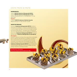 cesta truFa & Fruta

     iNGREDiENTES
     160g de NESTLÉ Cobertura Hidrogenada Marfim
     320g de NESTLÉ Cobertura Hidrogenada ao Leite
     40 discos de pão-de-ló com 5 cm de diâmetro e 1 cm de
     altura cada
     Recheio
     2,33kg de NESTLÉ Cobertura e Recheio Ganache
     800g de pêssego em calda, drenado e picado

     MODO DE PREPaRO
     Derreta as Coberturas Hidrogenadas NESTLÉ conforme
     instruções da embalagem e coloque-as separadamente em
     2 cones de papel manteiga. Corte 40 tiras de papel manteiga
     (ou fita de acetato flexível – fita plástica para confeitaria) de
     16 x 5 cm. Sobre elas, faças riscos em diagonal, invertendo as
     listas com as Coberturas Hidrogenadas NESTLÉ. Comece e
     termine com a Cobertura Hidrogenada ao Leite NESTLÉ.
     Montagem
     Quando a cobertura começar a ficar opaca (isto ocorre rápido,
     pois as coberturas não demoram a cristalizar), circunde os
     discos de pão-de-ló e leve-os à geladeira para secar (caso
     necessário, una as laterais das tiras de papel com uma fita
     adesiva). Recheie o interior de cada cilindro formado com a
     Cobertura e Recheio Ganache NESTLÉ (aproximadamente
     55g por porção), utilizando um saco de confeitar com bico
     pitanga. Disponha os pêssegos picados.

     rendimento: 40 porções
     peso por porção: aproximadamente 90g




12
 
