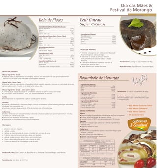 Dia das Mães &
                                                                                                                                                                                                       Festival do Morango

                                                      Bolo de Flocos                                                             Petit Gateau
                                                      Ingredientes (Massa Tegral Pão-de-Ló):
                                                                                                                                 Super Cremoso
                                                      Tegral Pão-de-Ló.................................................125g
                                                      Água........................................................25ml
                                                      Ovos...............................................................63g
                                                      Cacau em pó......................................................6g          Ingredientes (Massa):
                                                      Ingredientes (Massa Satin Creme Cake):                                       Tegral Brownie.....................................................300g
                                                      Satin Creme Cake...............................................125g          Decorcrem Negro.................................................200g
                                                      Ovos..............................................................56g        Margarina...............................................150g
                                                      Água.........................................................28ml            Ovos...........................................................400g
                                                      Óleo............................................................25ml         Gemas....................................................100g
                                                      Cacau em pó......................................................6g
                                                      Ingredientes (Recheio):
                                                      Ambiante........................................................500g
                                                                                                                                  MODO DE PREPARO
                                                      Decorcrem Negro..................................250g
                                                      Ingredientes (Calda):                                                       ! Derreter a margarina com o Decorcrem Negro até
                                                      Leite de coco.......................................................40g      ficar homogêneo, retirar do fogo.
                                                      Água................................................................40ml    ! Adicionar os ovos e as gemas e misturar
                                                      Leite Condensado...................................................4g        manualmente e em seguida colocar o Tegral
                                                      Ingredientes (Cobertura):                                                    Brownie.
                                                                                                                                  ! Colocar em forminhas untadas e assar por 8                                         Rendimento: 1.035g ou 13 unidades de 80g
                                                      Miroir Neutro.....................................................170g
                                                      Ambiante.................................................400g                minutos em forno a 180ºC.
                                                      Chocolate meio amargo picado.........................100g                   ! Servir quente com sorvete de creme.                                                Produtos Puratos: Tegral Brownie, Decorcrem Negro.

MODO DE PREPARO

Massa Tegral Pão-de-Ló:
! Misturar todos os ingredientes na batedeira, misturar em velocidade alta por aproximadamente 4
 minutos ou até obter uma massa leve e homogênea. Reservar.                                                                      Rocambole de Morango
Massa Satin Creme Cake:
! Misturar todos os ingredientes na batedeira (utilizar batedor raquete) e misturar em velocidade lenta por                       Ingredientes (Massa):
aproximadamente 3 minutos ou até obter uma textura lisa.                                                                          Satin Creme Cake Light........................................1kg
                                                                                                                                  Água..........................................................360ml
Massa Tegral Pão-de-Ló + Satin Creme Cake:                                                                                        Óleo...............................................................65ml
! Juntar as duas massas e colocar em uma forma redonda de 20cm untada com Untak.                                                  Ovos.............................................................300g             Rendimento: 2.703g ou 5 rocamboles de 500g
! Colocar para assar em forno à 180ºC por aproximadamente 30 minutos.                                                             Ingredientes (Recheio):
                                                                                                                                  Chantypak Light.................................................250g
                                                                                                                                  Cremfil Baunilha Light.........................................150g               Produtos Puratos: Satin Creme Cake Light,
Calda:                                                                                                                            Creme de Leite Light..........................................100g                Decorcrem Negro Light, Cremfil Baunilha Light,
! Homogeneizar os ingredientes e aplicar nas três partes do bolo.                                                                 Morango Picado................................................200g
                                                                                                                                                                                                                    Chantypak Light.
                                                                                                                                  Ingredientes (Cobertura):
Recheio:                                                                                                                          Chantypak Light.................................................200g
! Aquecer o Ambiante e o Decorcrem Negro, colocar na batedeira (utilizar batedor globo) em velocidade                             Decorcrem Negro Light........................................20g
média até ficar cremoso e liso.                                                                                                   Creme de Leite Light..........................................150g                                33% Menos Gorduras Totais
! Rechear o bolo em duas partes de 375g do recheio com o formato luna.                                                            Cremfil Baunilha Light...........................................80g
                                                                                                                                                                                                                                    36% Menos Colesterol
                                                                                                                                 MODO DE PREPARO
Cobertura:                                                                                                                                                                                                                          17% Menos Calorias
! Bater o Ambiante em velocidade média (utilizando o batedor globo) por aproximadamente 3 minutos,                               Massa
até obter um creme liso e suave.                                                                                                 ! Misturar todos os ingredientes manualmente até ficar homogêneo.                                  0% Gordura Trans
! Decorar com arabescos de chocolate a gosto                                                                                     ! Colocar uma fina camada de massa na forma.
! Acrescentar o chocolate picado e misturar levemente.                                                                           ! Assar em forno a 190ºC por aproximadamente 10 minutos.
                                                                                                                                 Recheio
                                                                                                                                 ! Bater o Chantypak Light, adicionar os demais ingredientes e
Montagem                                                                                                                          misturar bem.
                                                                                                                                 ! Aplicar o recheio no bolo.
1 - Dividir o bolo em 3 partes.                                                                                                  Cobertura
2 - Aplicar a calda.                                                                                                             ! Bater todos os ingredientes (exceto o Decorcrem Negro Light)
3 - Aplicar as duas camadas de recheio e modelar em formato de luna.                                                              durante 3 minutos.
                                                                                                                                 ! Cobrir o bolo com esta cobertura.
4 - Cobrir o bolo no formato de luna e alisar com acetato.
                                                                                                                                 ! Mesclar com o Decorcrem Negro Light.
5 - Aplicar a cobertura e o Miroir Neutro em cima do bolo.                                                                       ! Decorar com morangos.
6 - Fazer a decoração pitanga em toda a lateral do bolo.
7 - Colocar arabescos de chocolate por cima do bolo.                                                                                     INFORMAÇÕES NUTRICIONAIS - Porção de 60g (1 fatia)
                                                                                                                                                                     Quantidade por porção
                                                                                                                                 Nutriente              Unidade % VD(*) Nutriente        Unidade % VD(*)
                                                                                                                                 Valor Energético    148Kcal=621kJ 7      Gorduras Trans    0g     **
                                                                                                                                 Carboidratos             21g      7      Colesterol      29mg     **
                                                                                                                                 Proteínas               2,2g      3    Fibra Alimentar     0g     0
                                                                                                                                 Gorduras Totais         6,5g      12 Sódio               95mg     4
                                                                                                                                  Gorduras Saturadas     3,6g      16
Produtos Puratos: Satin Creme Cake, Tegral Pão de Ló, Ambiante, Decorcrem Negro, Miroir Neutro.                                  (*) % Valores Diários com base em uma dieta de 2.000 kcal ou 8400 kJ. Seus
                                                                                                                                 valores diários podem ser maiores ou menores dependendo de suas necessidades
                                                                                                                                 energéticas.
                                                                                                                                 (**) VD não estabelecido.

                                                                                                                                       INFORMAÇÃO COMPLEMENTAR - Porção de 100g do produto
Rendimento: Um bolo de 1,917kg                                                                                                                      Rocambole Morango Tradicional Rocambole Morango Light Redução
                                                                                                                                 Valor Energético             179kcal                    148kcal           17%
                                                                                                                                 Gorduras Totais               9,7g                       6,5g             33%
                                                                                                                                 Colesterol                    45mg                       29mg             36%
                                                                                                                                 Maiores informações, veja a nota no verso da capa.
 