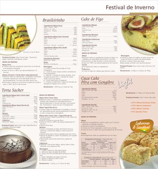 Festival de Inverno

                                                                                 Brasileirinho                                                               Cake de Figo
                                                                                   Ingredientes (Massa Flora)                                                 Ingredientes (Massa):
                                                                                   Satin Creme Cake.........................................50g               Satin Creme Cake...................................................1kg
                                                                                   Farinha de trigo............................................150g           Ovos..........................................................450g
                                                                                   Margarina folhada..........................................20g             Leite de Coco.....................................................225ml
                                                                                   Ovos..........................................................40g          Óleo..........................................................200ml
                                                                                   Açúcar..............................................................40g    Ingredientes (Recheio):
                                                                                   Ingredientes (Massa Satin Amarela)                                         Figo em calda picados.........................................550g
                                                                                   Satin Creme Cake.........................................333g
                                                                                                                                                              Ingredientes (Cobertura):
                                                                                   Água.......................................................75ml
                                                                                                                                                              Figo Fresco..........................................................250g
                                                                                   Ovos.............................................................150ml
                                                                                                                                                              Harmony Neutro....................................................50g
                                                                                   Óleo.......................................................67ml
                                                                                   Corante líquido amarelo............3 gotas                                 Ingredientes (Farofa):
                                                                                    Ingredientes (Massa Satin Verde)                                          Satin Creme Cake...............................................100g
                                                                                    Satin Creme Cake.........................................333g             Farinha de Trigo....................................................30g
                                                                                    Água.......................................................75ml           Margarina.....................................................30g
                                            Tema para a Copa do Mundo
                                                                                    Ovos.............................................................150ml    MODO DE PREPARO
                                                                                    Óleo.......................................................67ml
                                                                                    Corante líquido verde..................................3 gotas            Massa:                                                                          Montagem:
Produtos Puratos: Satin Creme Cake, Decorcrem                                                                                                                 ! Misturar todos os ingredientes (exceto os figos), na                        ! Colocar os figos em rodelas na parte central do
                                                                                   Ingredientes (Recheio):
Negro, Harmony Cold Neutro, Untak                                                                                                                               batedeira em velocidade alta durante 3 minutos.                               fundo da forma e a farofa nas extremidades.
                                                                                   Decorcrem Negro..........................................500g              ! Acrescentar os figos picados e mexer levemente.                             ! Colocar a massa e levar para assar,
MODO DE PREPARO                                                                    Brilho                                                                     ! Assar em 180ºC por aproximadamente 30 minutos.                              ! Após assado, pincelar com Harmony Neutro
Massa Flora                                                                        Harmony Cold Neutro ...................................100g                Farofa:
! Colocar uma fina camada da massa flora no fundo de                               Montagem:                                                                  ! Homogeneizar todos os ingredientes                                          Produtos Puratos: Satin Creme Cake e Harmony Cold
 uma assadeira retangular                                                          1 - Cortar a massa flora assada em tiras                                   !                                                                             Neutro.
 a                                                                                                                                                            Cobertura:
! Levar ao forno a 180ºC por aproximadamente 15                                    retangulares                                                               ! Cortar os figos em rodelas para decorar o bolo.                             Rendimento: 2.698g ou 4 bolos de 700g
                                                                                   2 - -Cortar as duas massas (verde e amarela) em
 minutos.
                                                                                   tiras retangulares.
Massas Amarelo e Verde (fazer separadamente)                                       3 - Alternar 1 camada da massa amarela, uma
! Misturar todos os ingredientes, na batedeira (utilizando                         camada de decorcrem, 1 camada de massa
  o batedor raquete) em uma velocidade lenta por
  aproximadamente 3 minutos até obter textura lisa.
                                                                                   verde e assim por diante.
                                                                                   4 - Cortar estes bolos na diagonal.
                                                                                                                                                             Cuca Cake
 A

! Acomodar a massa em uma forma untada com Untak e
  assar a 180ºC de 25 a 40 minutos
                                                                                   5 - Colocar a massa flora, o bolo em formato de
                                                                                   triângulo e finalizar com o brilho.                                       Pêra com Gengibre
                                                                                   Rendimento: 1,995 kg ou 2 bolos de 1kg
                                                                                                                                                              Ingredientes (Massa):
Torta Sacher                                                                                                                                                  Satin Creme Cake Light........................................1kg
                                                                                                                                                              Água..........................................................360ml
                                                                                                                                                                                                                                                    Rendimento: 2.178g ou 27 fatias de 80g
                                                                                                                                                              Ovos.............................................................300g
Ingredientes (Massa Satin Creme Cake):                                       MODO DE PREPARO                                                                  Óleo...............................................................65ml
Satin Creme Cake...............................................250g                                                                                           Pêra descascada e picada....................................200g                      Produtos Puratos: Satin Creme Cake Light
Ovos.................................................................112g    Massa Satin Creme Cake:
                                                                             a

                                                                             ! Misturar todos os ingredientes na batedeira (usar                              Gengibre em pó...................................................5g
Água..................................................................56ml
Óleo..................................................................40ml    batedor tipo raquete) em velocidade lenta por
Cacau em pó .........................................................25g      aproximadamente 3 minutos até obter uma textura                                                                                                                                67% Menos Gorduras Totais
Ingredientes (Massa Tegral Pão-de-Ló):                                        lisa. Acrescentar o cacau em pó e homegeneizar                                 Ingredientes (Farofa):
                                                                                                                                                             Satin Creme Cake Light...................................300g                                   57% Menos Colesterol
Tegral Pão-de-Ló..................................................250g       Massa Tegral Pão-de-Ló:
Ovos.................................................................125g    a
                                                                                                                                                             Farinha de Trigo...................................................90g                          50% Menos Calorias
                                                                             ! Colocar todos os ingredientes na batedeira, misturar                          Margarina Light sem sal.......................................90g
Água..................................................................50ml
Mel............................................................50g            em velocidade alta por aproximadamente 4 minutos                               Gengibre em pó....................................................5g                            0% Gordura Trans
Recheio:                                                                      ou até a massa leve e homogênea.
Chantypak..........................................................250g      Massa Satin Creme Cake + Tegral-Pão-de-Ló:
Decorcrem Negro...........................................250g               ! Juntar as duas massas e acrescentar o mel, mexer até                          MODO DE PREPARO
Geléia de Damasco..............................................100g            homogeneizar.
Cobertura:                                                                   ! Colocar a massa em aros de 20cm                                               Massa
Decorcrem Negro................................................200g          ! Assar em forno a 180ºC por aproximadamente 25                                 ! Misturar os ingredientes, exceto a pêra, por 3 minutos
                                                                               minutos.                                                                       utilizando um batedor raquete.
Produtos Puratos: Satin Creme Cake, Tegral Pão de Ló,                        ! Deixar esfriar bem.
                                                                                                                                                             ! Adicionar a pêra e homogeneizar.
Chantypak, Decorcrem Negro.                                                  Recheio:                                                                        ! Colocar em forma retangular e cobrir com a farofa.
                                                                             ! Levar o Chantypak ao fogo até levantar fervura,
                                                                                                                                                             ! Assar em forno a 180ºC por aproximadamente 30 minutos.
                                                                               adicionar o Decorcrem Negro e mexer durante 2
                                                                               minutos.
                                                                             ! Deixar esfriar bem e levar à geladeira até ficar firme.                       Farofa
                                                                             ! Retirar da geladeira e bater na batedeira com raquete                         ! Homogeneizar todos os ingredientes com as mãos.
                                                                               até ficar aerado.
                                                                             ! Após bater, acrescentar levemente a geléia de                                         INFORMAÇÕES NUTRICIONAIS - Porção de 60g (1 fatia)
                                                                               damasco.                                                                                                         Quantidade por porção
                                                                                                                                                             Nutriente                Unidade    % VD(*) Nutriente        Unidade % VD(*)
                                                                             Cobertura:                                                                      Valor Energético    172Kcal=719kJ     9       Gorduras Trans    0g     **
                                                                             ! Aquecer o Decorcrem Negro, aplicar sobre o bolo,                              Nutriente
                                                                                                                                                             Carboidratos            28g           9       Colesterol      32mg     **
                                                                              deixando uma cobertura fina.                                                   Proteínas               3,1g          4     Fibra Alimentar     0g     0
                                                                             Montagem:                                                                       Gorduras Totais         5,2g          9     Sódio             128mg    5
                                                                                                                                                             Proteínas
                                                                             1 - Cortar a massa em três partes iguais.                                        Gorduras Saturadas      1g           0
                                                                             2 - Adicionar duas camadas de recheio.                                          (*) % Valores Diários com base em uma dieta de 2.000 kcal ou 8400 kJ. Seus
                                                                                                                                                             valores diários podem ser maiores ou menores dependendo de suas necessidades
                                                                             3 - Passar uma fina camada deste recheio em cima do                             energéticas.
                                                                                                                                                             (**) VD não estabelecido.
                                                                             bolo.
                                                                             4 - Levar à geladeira por alguns minutos.
                                                                                                                                                                   INFORMAÇÃO COMPLEMENTAR - Porção de 100g do produto
                                                                             5 - Aplicar a cobertura sobre o bolo.
                                                                                                                                                                              Cuca Cake Tradicional Cuca Cake Light Redução
                                                                             6 - Decorar a gosto.
                                                                                                                                                             Valor Energético       341kcal              172kcal      50%
                                                                                                                                                             Gorduras Totais          16g                 5,2g        67%
                                                                             Rendimento: 1.662g ou 21 fatias de 80g                                          Colesterol              75mg                 32mg        57%
                                                                                                                                                             Colesterol
                                                                                                                                                             Maiores informações, veja a nota no verso da capa.
 