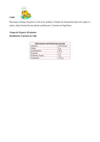 Calda

Descasque a laranja em gomos e corte-a em pedaços. Coloque em uma panela junto com a água e o
açúcar. Após levantar fervura, deixar cozinhar por 5 minutos em fogo baixo.


Tempo de Preparo: 45 minutos
Rendimento: 5 porções de 130g


                              Informação nutricional por porção
                         Calorias                       272,5 kcal
                         Fibras                         5g
                         Carboidratos                   76 g
                         Proteína                       7g
                         Gorduras Totais                3g
                         Colesterol                     35,5 g
 