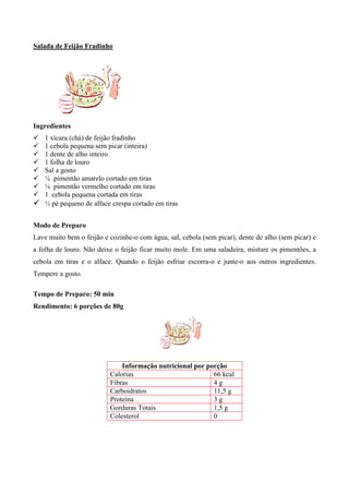 Salada de Feijão Fradinho




Ingredientes
! 1 xícara (chá) de feijão fradinho
! 1 cebola pequena sem picar (inteira)
! 1 dente de alho inteiro
! 1 folha de louro
! Sal a gosto
! ¼ pimentão amarelo cortado em tiras
! ¼ pimentão vermelho cortado em tiras
! 1 cebola pequena cortada em tiras
! ½ pé pequeno de alface crespa cortado em tiras

Modo de Preparo
Lave muito bem o feijão e cozinhe-o com água, sal, cebola (sem picar), dente de alho (sem picar) e
a folha de louro. Não deixe o feijão ficar muito mole. Em uma saladeira, misture os pimentões, a
cebola em tiras e o alface. Quando o feijão esfriar escorra-o e junte-o aos outros ingredientes.
Tempere a gosto.

Tempo de Preparo: 50 min
Rendimento: 6 porções de 80g




                              Informação nutricional por porção
                          Calorias                         66 kcal
                          Fibras                           4g
                          Carboidratos                     11,5 g
                          Proteína                         3g
                          Gorduras Totais                  1,5 g
                          Colesterol                       0
 