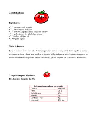 Tomate Recheado




Ingredientes

! 2 tomates caquis grandes
! 2 fatias médias de ricota
! 4 colheres (sopa) de milho verde em conserva
! 1 colher (sopa) de cebola bem picada
! ½ colher (chá) de sal
! Orégano a gosto


Modo de Preparo

Lave os tomates. Corte uma fatia da parte superior do tomate (a tampinha). Retire a polpa e reserve-
a. Amasse a ricota e junte com a polpa do tomate, milho, orégano e sal. Coloque este recheio no
tomate, cubra com a tampinha e leve ao forno em recipiente tampado por 20 minutos. Sirva quente.




Tempo de Preparo: 40 minutos
Rendimento: 2 porções de 200g


                               Informação nutricional por porção
                           Calorias                        165 kcal
                           Fibras                          2,5 g
                           Carboidratos                    17 g
                           Proteína                        9g
                           Gorduras Totais                 8g
                           Colesterol                      25,5 mg
 
