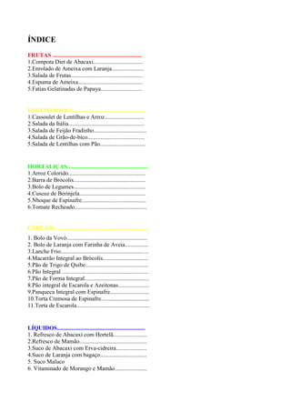 ÍNDICE
FRUTAS .............................................................
1.Compota Diet de Abacaxi..................................
2.Enrolado de Ameixa com Laranja......................
3.Salada de Frutas.................................................
4.Espuma de Ameixa............................................
5.Fatias Gelatinadas de Papaya............................


LEGUMINOSAS..................................................
1.Cassoulet de Lentilhas e Arroz...........................
2.Salada da Itália....................................................
3.Salada de Feijão Fradinho....................................
4.Salada de Grão-de-bico.......................................
5.Salada de Lentilhas com Pão...............................


HORTALIÇAS.......................................................
1.Arroz Colorido.....................................................
2.Barra de Brócolis.................................................
3.Bolo de Legumes.................................................
4.Cuscuz de Berinjela.............................................
5.Nhoque de Espinafre............................................
6.Tomate Recheado.................................................


CEREAIS.................................................................
1. Bolo da Vovó.......................................................
2. Bolo de Laranja com Farinha de Aveia................
3.Lanche Frio........................................................…
4.Macarrão Integral ao Brócolis...............................
5.Pão de Trigo de Quibe...........................................
6.Pão Integral ...........................................................
7.Pão de Forma Integral............................................
8.Pão integral de Escarola e Azeitonas.....................
9.Panqueca Integral com Espinafre...........................
10.Torta Cremosa de Espinafre.................................
11.Torta de Escarola..................................................


LÍQUIDOS............................................................
1. Refresco de Abacaxi com Hortelã.......................
2.Refresco de Mamão..............................................
3.Suco de Abacaxi com Erva-cidreira.....................
4.Suco de Laranja com bagaço................................
5. Suco Maluco
6. Vitaminado de Morango e Mamão......................
 