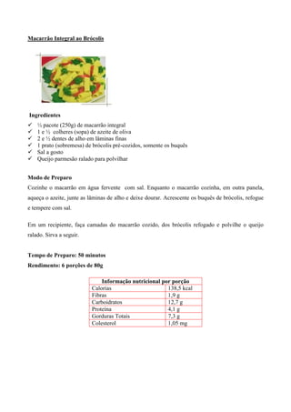 Macarrão Integral ao Brócolis




Ingredientes
!   ½ pacote (250g) de macarrão integral
!   1 e ½ colheres (sopa) de azeite de oliva
!   2 e ½ dentes de alho em lâminas finas
!   1 prato (sobremesa) de brócolis pré-cozidos, somente os buquês
!   Sal a gosto
!   Queijo parmesão ralado para polvilhar


Modo de Preparo
Cozinhe o macarrão em água fervente com sal. Enquanto o macarrão cozinha, em outra panela,
aqueça o azeite, junte as lâminas de alho e deixe dourar. Acrescente os buquês de brócolis, refogue
e tempere com sal.

Em um recipiente, faça camadas do macarrão cozido, dos brócolis refogado e polvilhe o queijo
ralado. Sirva a seguir.


Tempo de Preparo: 50 minutos
Rendimento: 6 porções de 80g

                              Informação nutricional por porção
                          Calorias                     138,5 kcal
                          Fibras                       1,9 g
                          Carboidratos                 12,7 g
                          Proteína                     4,1 g
                          Gorduras Totais              7,3 g
                          Colesterol                   1,05 mg
 