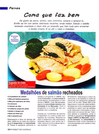 I        PeixeE

                              Cona gae fa>- ben
                     .çe gos+a de peixe, óp*ìmo, coso co^+rátiô, coheêe d d?feciá-lo.
                €,A+ão se Fof con eE+os deliciosas teceì+as, aiúa nelhot, Deçde o salnão
                feched4o cozihq4o o '/a?ot o+é un empadão ge *en lu4o Tara enconlot
                               o çanilio ìA+eito. ë só 7ôt o tobo+ o +tabalhat.




                         Medalhões de salmão recheados
    t2   nedalhões de salmáo            azêite e programe a 1OooC, du-       Entretanto, descasque e lave as
    .4OO g de batatas pêquênâs          rante 3 minutos. na velocidadê 2.    cenouras ê as batatas e corte as
    r2OO       dê êspiíalres de Íolha
                                        JLrnte depois os espinafres e man-   cenouras em pequenos pedaços
           I                            tênha a 1OOoC, mais'lO minutos.      como vê na foto. Deitê 5OO g de
                                        agora na velocidadê mínima (ve-      áqua para o copo do robot lavado,
                                        locidade 2 na Mycook). Par,â o       encaixe por cima o recipiente para
    r2 colhêrês     (sopa) de azeite    programa e envolva de vez erf        cozinhar a vapor com âs batatas
                                        qL'ândo com a espátula.                             misturadas e tem-
    r Àzeite é vinagre q.b.
                                                                             pere com um pouco dê saJ. Colo-
    r Suúo dè limão q.b.                Arranje os medalhões de salnìão      que depois a prateleira, juntê o
    r Sal ê    pinêntâ q.b"             e faça-lhes urn corte a meio sem     salmão e programe temperatura
                                        separar as rnetades. Recheie-os      vapor ('í2OoC na Mycook), duran-
    Descasque e lave os dentes dê       com o prêpaÍado dos espinafres,      tê 25 minutos, na vêlocidade 3.
    alho, deitê-os no copo do robot e   temperê dêpois com sumo de lj        Disponha tudo numa travessa ê
    ligue 5 sêgundos na vêlocidadê      mão, sal e pimenta e deixe repou     sirva temperado com azeite e vina-
    5. Passe a êspáiula, adicione o     sar durante 15 minuios-              gre a gosto.

    í2 T ROBOI DE COZINHA
 