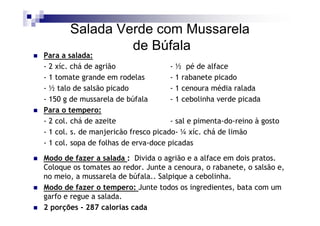 Salada Verde com Mussarela
                de Búfala
Para a salada:
- 2 xíc. chá de agrião                - ½ pé de alface
- 1 tomate grande em rodelas          - 1 rabanete picado
- ½ talo de salsão picado             - 1 cenoura média ralada
- 150 g de mussarela de búfala        - 1 cebolinha verde picada
Para o tempero:
- 2 col. chá de azeite                - sal e pimenta-do-reino à gosto
- 1 col. s. de manjericão fresco picado- ¼ xíc. chá de limão
- 1 col. sopa de folhas de erva-doce picadas

Modo de fazer a salada : Divida o agrião e a alface em dois pratos.
Coloque os tomates ao redor. Junte a cenoura, o rabanete, o salsão e,
no meio, a mussarela de búfala.. Salpique a cebolinha.
Modo de fazer o tempero: Junte todos os ingredientes, bata com um
garfo e regue a salada.
2 porções - 287 calorias cada
 