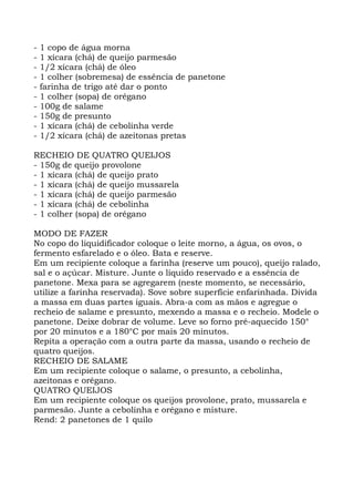 - 1 copo de água morna
- 1 xícara (chá) de queijo parmesão
- 1/2 xícara (chá) de óleo
- 1 colher (sobremesa) de essência de panetone
- farinha de trigo até dar o ponto
- 1 colher (sopa) de orégano
- 100g de salame
- 150g de presunto
- 1 xícara (chá) de cebolinha verde
- 1/2 xícara (chá) de azeitonas pretas
RECHEIO DE QUATRO QUEIJOS
- 150g de queijo provolone
- 1 xícara (chá) de queijo prato
- 1 xícara (chá) de queijo mussarela
- 1 xícara (chá) de queijo parmesão
- 1 xícara (chá) de cebolinha
- 1 colher (sopa) de orégano
MODO DE FAZER
No copo do liquidificador coloque o leite morno, a água, os ovos, o
fermento esfarelado e o óleo. Bata e reserve.
Em um recipiente coloque a farinha (reserve um pouco), queijo ralado,
sal e o açúcar. Misture. Junte o líquido reservado e a essência de
panetone. Mexa para se agregarem (neste momento, se necessário,
utilize a farinha reservada). Sove sobre superfície enfarinhada. Divida
a massa em duas partes iguais. Abra-a com as mãos e agregue o
recheio de salame e presunto, mexendo a massa e o recheio. Modele o
panetone. Deixe dobrar de volume. Leve so forno pré-aquecido 150°
por 20 minutos e a 180°C por mais 20 minutos.
Repita a operação com a outra parte da massa, usando o recheio de
quatro queijos.
RECHEIO DE SALAME
Em um recipiente coloque o salame, o presunto, a cebolinha,
azeitonas e orégano.
QUATRO QUEIJOS
Em um recipiente coloque os queijos provolone, prato, mussarela e
parmesão. Junte a cebolinha e orégano e misture.
Rend: 2 panetones de 1 quilo
 
