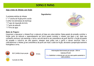 SOPAS E PAPAS
Sopa creme de Inhame com feijão

                                                   Ingredientes:
3 unidades médias de inhame
1 ¹/²concha de feijão preto cozido
1 colher de sobremesa de manteiga
¹/²copo de requeijão de leite
¹/²quilo de músculo
¹/²litro de água

Modo de Preparo:
Higienizar e descascar o inhame.Picar o músculo já limpo em cubos médios. Numa panela de pressão cozinhar o
feijão junto do músculo e separadamente em outra panela cozinhar o inhame com água e sal. Após seu
cozimento misturar com manteiga, o leite e sal até deixá-lo em consistência de purê. Retirar o feijão da panela
de pressão e colocá-lo em uma peneira, amassar seus grãos com o garfo e deixar escorrer todo o
caldo.Misturar o inhame já em consistência de purê com todo o caldo do feijão, deixando a preparação bastante
homogênea e sirva.


                                                                   Informações Nutricionais por porção – 250 ml

        R$17,34/R$4,34 por porção                                                Calorias:474,65
                                         35 min.
                                                         Dica:Substituir o músculo por um ovo caso queira aumentar o
                                                                                valor protéico.

        4 porções de 250g
 