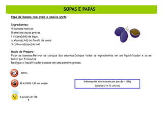 SOPAS E PAPAS
Papa de banana com aveia e ameixa preta

Ingredientes:
4 bananas nanicas
8 ameixas secas pretas
1 xícara(chá) de água
½ xícara(chá) de farelo de aveia
3 colheres(sopa)de mel

Modo de Preparo:
Picar as bananas.Retirar os caroços das ameixas.Coloque todos os ingredientes em um liquidificador e deixe
bater por 5 minutos.
Desligue o liquidificador e passe em uma peneira grossa.


       20min.



                                                      Informações Nutricionais por porção – 100g
      R$ 4,70/R$ 1,57 por porção
                                                               Calorias:214,75 calorias



       5 porções de 100
              g
 