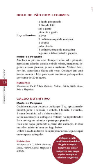 16
LIVRODERECEITASMESASESC
BOLO DE PÃO COM LEGUMES
Ingredientes
1 kg de pão picado
1 litro de leite
sal a gosto
pimenta a gosto
5 ovos
3 colheres (sopa) de maisena
1 cebola
salsa picada
3 colheres (sopa) de margarina
legumes e talos variados picados
Modo de Preparo
Amoleça o pão no leite. Tempere com sal e pimenta,
acrescente salsinha picada, cebola ralada, margarina, le-
gumes e talos picados, gemas e maisena. Misture bem.
Por fim, acrescente claras em neve. Coloque em uma
forma untada e leve para assar em forno pré-aquecido
por cerca de 20 minutos.
Nutrientes
Vitaminas A, C e E, Folato, Potássio, Fósforo, Cálcio, Sódio, Ferro,
Iodo e Magnésio.
CALDO NUTRITIVO
Modo de Preparo
Cozinhe carcaças de peixe ou frango (2 kg, aproximada-
mente), junte 1 cenoura, 1 cebola, 1 tomate, 1 chuchu,
1 rama de salsão, sal e deixe cozinhar.
Retire as carcaças e coloque o restante no liqüidificador.
Bata por alguns minutos e passe por peneira.
Faça uma sopa, juntando a carne das carcaças, 2 ovos
mexidos, misturar bem em fogo baixo.
Utilize o caldo nutritivo para preparar arroz, feijão, sopas
ou temperar refogados.
Nutrientes
Vitaminas A e C, Folato, Potássio,
Sódio, Fósforo, Cálcio, Magnésio e
Selênio.
Coloque o caldo
nutritivo em forminhas
de gelo e congele.
Sempre que quiser
enriquecer suas prepa-
rações, coloque os
cubinhos congelados.
 