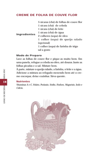 18
LIVRODERECEITASMESASESC
CREME DE FOLHA DE COUVE FLOR
Ingredientes
5 xícaras (chá) de folhas de couve flor
1 xícara (chá) de cebola
1 xícara (chá) de leite
1 xícara (chá) de água
2 colheres (sopa) de óleo
1 colher (sopa) de queijo ralado
(opcional)
1 colher (sopa) de farinha de trigo
sal a gosto
Modo de Preparo
Lave as folhas de couve flor e pique-as muito bem. Em
uma panela, refogue a cebola no óleo, até dourar. Junte as
folhas picadas e o sal. Misture bem.
À parte, misture o queijo ralado, a farinha, o leite e a água.
Adicione a mistura ao refogado mexendo bem até o cre-
me encorpar, deixe cozinhar. Sirva quente.
Nutrientes
Vitaminas A e C, Folato, Potássio, Sódio, Fósforo, Magnésio, Iodo e
Cálcio.
 