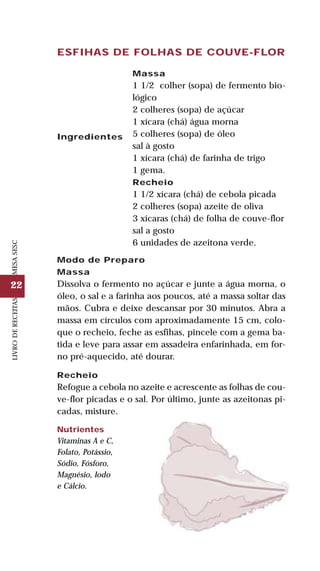 22
LIVRODERECEITASMESASESC
ESFIHAS DE FOLHAS DE COUVE-FLOR
Ingredientes
Massa
1 1/2 colher (sopa) de fermento bio-
lógico
2 colheres (sopa) de açúcar
1 xícara (chá) água morna
5 colheres (sopa) de óleo
sal à gosto
1 xícara (chá) de farinha de trigo
1 gema.
Recheio
1 1/2 xícara (chá) de cebola picada
2 colheres (sopa) azeite de oliva
3 xícaras (chá) de folha de couve-flor
sal a gosto
6 unidades de azeitona verde.
Modo de Preparo
Massa
Dissolva o fermento no açúcar e junte a água morna, o
óleo, o sal e a farinha aos poucos, até a massa soltar das
mãos. Cubra e deixe descansar por 30 minutos. Abra a
massa em círculos com aproximadamente 15 cm, colo-
que o recheio, feche as esfihas, pincele com a gema ba-
tida e leve para assar em assadeira enfarinhada, em for-
no pré-aquecido, até dourar.
Recheio
Refogue a cebola no azeite e acrescente as folhas de cou-
ve-flor picadas e o sal. Por último, junte as azeitonas pi-
cadas, misture.
Nutrientes
Vitaminas A e C,
Folato, Potássio,
Sódio, Fósforo,
Magnésio, Iodo
e Cálcio.
 