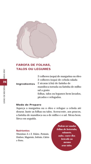 26
LIVRODERECEITASMESASESC
FAROFA DE FOLHAS,
TALOS OU LEGUMES
Ingredientes
2 colheres (sopa) de margarina ou óleo
2 colheres (sopa) de cebola ralada
2 xícaras (chá) de farinha de
mandioca torrada ou farinha de milho
sal a gosto
folhas, talos ou legumes bem lavados,
picados e refogados.
Modo de Preparo
Aqueça a margarina ou o óleo e refogue a cebola até
dourar. Junte as folhas ou talos. Acrescente, aos poucos,
a farinha de mandioca ou a de milho e o sal. Mexa bem.
Sirva em seguida.
Nutrientes
Vitaminas A e E, Folato, Potássio,
Fósforo, Magnésio, Selênio, Cálcio
e Ferro.
Podem ser usadas
folhas de beterraba,
rabanete,
nabo, couve-flor,
brócolis ou
mesmo
seus talos.
 