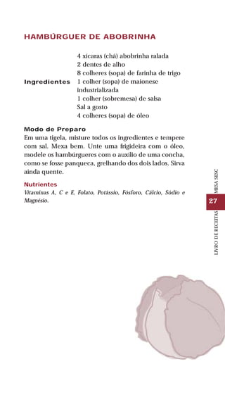 27
LIVRODERECEITASMESASESC
HAMBÚRGUER DE ABOBRINHA
Ingredientes
4 xícaras (chá) abobrinha ralada
2 dentes de alho
8 colheres (sopa) de farinha de trigo
1 colher (sopa) de maionese
industrializada
1 colher (sobremesa) de salsa
Sal a gosto
4 colheres (sopa) de óleo
Modo de Preparo
Em uma tigela, misture todos os ingredientes e tempere
com sal. Mexa bem. Unte uma frigideira com o óleo,
modele os hambúrgueres com o auxílio de uma concha,
como se fosse panqueca, grelhando dos dois lados. Sirva
ainda quente.
Nutrientes
Vitaminas A, C e E, Folato, Potássio, Fósforo, Cálcio, Sódio e
Magnésio.
 