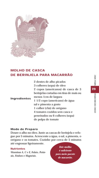 29
LIVRODERECEITASMESASESC
MOLHO DE CASCA
DE BERINJELA PARA MACARRÃO
Ingredientes
2 dentes de alho picados
3 colheres (sopa) de óleo
2 copos (americanos) de casca de 3
berinjelas cortadas em tiras de mais ou
menos 1cm de largura
1 1/2 copo (americano) de água
sal e pimenta a gosto
1 colher (chá) de orégano
4 tomates cozidos sem casca e
peneirados ou 6 colheres (sopa)
de polpa de tomate
Modo de Preparo
Doure o alho no óleo. Junte as cascas de berinjela e refo-
gue por 5 minutos. Acrescente a água, o sal, a pimenta, o
orégano e os tomates. Cozinhe por cerca de 5 minutos
até engrossar ligeiramente.
Este molho
é suficiente
para meio pacote
de macarrão.
Nutrientes
Vitaminas A, C e E, Folato, Potás-
sio, Fósforo e Magnésio.
 