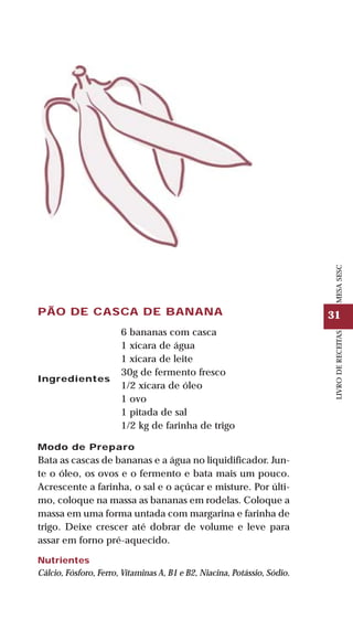 31
LIVRODERECEITASMESASESC
PÃO DE CASCA DE BANANA
Ingredientes
6 bananas com casca
1 xícara de água
1 xícara de leite
30g de fermento fresco
1/2 xícara de óleo
1 ovo
1 pitada de sal
1/2 kg de farinha de trigo
Modo de Preparo
Bata as cascas de bananas e a água no liquidificador. Jun-
te o óleo, os ovos e o fermento e bata mais um pouco.
Acrescente a farinha, o sal e o açúcar e misture. Por últi-
mo, coloque na massa as bananas em rodelas. Coloque a
massa em uma forma untada com margarina e farinha de
trigo. Deixe crescer até dobrar de volume e leve para
assar em forno pré-aquecido.
Nutrientes
Cálcio, Fósforo, Ferro, Vitaminas A, B1 e B2, Niacina, Potássio, Sódio.
 