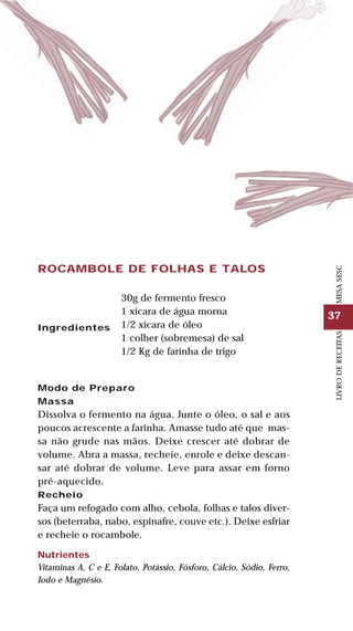 37
LIVRODERECEITASMESASESC
ROCAMBOLE DE FOLHAS E TALOS
Ingredientes
30g de fermento fresco
1 xícara de água morna
1/2 xícara de óleo
1 colher (sobremesa) de sal
1/2 Kg de farinha de trigo
Modo de Preparo
Massa
Dissolva o fermento na água. Junte o óleo, o sal e aos
poucos acrescente a farinha. Amasse tudo até que mas-
sa não grude nas mãos. Deixe crescer até dobrar de
volume. Abra a massa, recheie, enrole e deixe descan-
sar até dobrar de volume. Leve para assar em forno
pré-aquecido.
Recheio
Faça um refogado com alho, cebola, folhas e talos diver-
sos (beterraba, nabo, espinafre, couve etc.). Deixe esfriar
e recheie o rocambole.
Nutrientes
Vitaminas A, C e E, Folato, Potássio, Fósforo, Cálcio, Sódio, Ferro,
Iodo e Magnésio.
 
