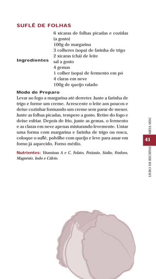 41
LIVRODERECEITASMESASESC
SUFLÊ DE FOLHAS
Ingredientes
6 xícaras de folhas picadas e cozidas
(a gosto)
100g de margarina
3 colheres (sopa) de farinha de trigo
2 xícaras (chá) de leite
sal a gosto
4 gemas
1 colher (sopa) de fermento em pó
4 claras em neve
100g de queijo ralado
Modo de Preparo
Levar ao fogo a margarina até derreter. Junte a farinha de
trigo e forme um creme. Acrescente o leite aos poucos e
deixe cozinhar formando um creme sem parar de mexer.
Junte as folhas picadas, tempere a gosto. Retire do fogo e
deixe esfriar. Depois de frio, junte as gemas, o fermento
e as claras em neve apenas misturando levemente. Untar
uma forma com margarina e farinha de trigo ou rosca,
coloque o suflê, polvilhe com queijo e leve para assar em
forno já aquecido. Forno médio.
Nutrientes: Vitaminas A e C, Folato, Potássio, Sódio, Fósforo,
Magnésio, Iodo e Cálcio.
 