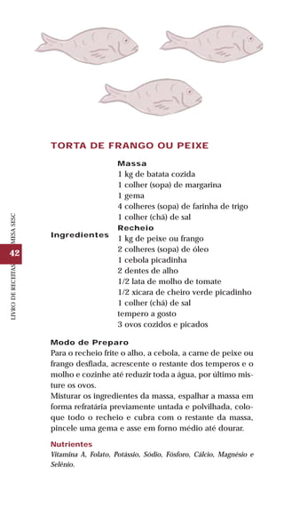 42
LIVRODERECEITASMESASESC
TORTA DE FRANGO OU PEIXE
Ingredientes
Massa
1 kg de batata cozida
1 colher (sopa) de margarina
1 gema
4 colheres (sopa) de farinha de trigo
1 colher (chá) de sal
Recheio
1 kg de peixe ou frango
2 colheres (sopa) de óleo
1 cebola picadinha
2 dentes de alho
1/2 lata de molho de tomate
1/2 xícara de cheiro verde picadinho
1 colher (chá) de sal
tempero a gosto
3 ovos cozidos e picados
Modo de Preparo
Para o recheio frite o alho, a cebola, a carne de peixe ou
frango desfiada, acrescente o restante dos temperos e o
molho e cozinhe até reduzir toda a água, por último mis-
ture os ovos.
Misturar os ingredientes da massa, espalhar a massa em
forma refratária previamente untada e polvilhada, colo-
que todo o recheio e cubra com o restante da massa,
pincele uma gema e asse em forno médio até dourar.
Nutrientes
Vitamina A, Folato, Potássio, Sódio, Fósforo, Cálcio, Magnésio e
Selênio.
 