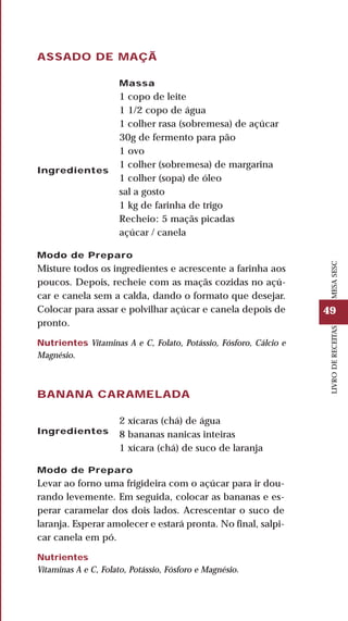 49
LIVRODERECEITASMESASESC
ASSADO DE MAÇÃ
BANANA CARAMELADA
Ingredientes
Massa
1 copo de leite
1 1/2 copo de água
1 colher rasa (sobremesa) de açúcar
30g de fermento para pão
1 ovo
1 colher (sobremesa) de margarina
1 colher (sopa) de óleo
sal a gosto
1 kg de farinha de trigo
Recheio: 5 maçãs picadas
açúcar / canela
Modo de Preparo
Misture todos os ingredientes e acrescente a farinha aos
poucos. Depois, recheie com as maçãs cozidas no açú-
car e canela sem a calda, dando o formato que desejar.
Colocar para assar e polvilhar açúcar e canela depois de
pronto.
Nutrientes Vitaminas A e C, Folato, Potássio, Fósforo, Cálcio e
Magnésio.
Ingredientes
2 xícaras (chá) de água
8 bananas nanicas inteiras
1 xícara (chá) de suco de laranja
Modo de Preparo
Levar ao forno uma frigideira com o açúcar para ir dou-
rando levemente. Em seguida, colocar as bananas e es-
perar caramelar dos dois lados. Acrescentar o suco de
laranja. Esperar amolecer e estará pronta. No final, salpi-
car canela em pó.
Nutrientes
Vitaminas A e C, Folato, Potássio, Fósforo e Magnésio.
 