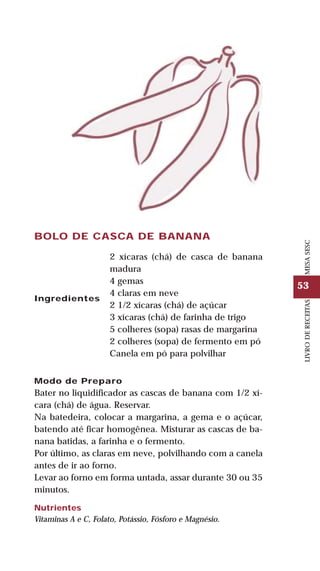 53
LIVRODERECEITASMESASESC
Modo de Preparo
Bater no liquidificador as cascas de banana com 1/2 xí-
cara (chá) de água. Reservar.
Na batedeira, colocar a margarina, a gema e o açúcar,
batendo até ficar homogênea. Misturar as cascas de ba-
nana batidas, a farinha e o fermento.
Por último, as claras em neve, polvilhando com a canela
antes de ir ao forno.
Levar ao forno em forma untada, assar durante 30 ou 35
minutos.
Nutrientes
Vitaminas A e C, Folato, Potássio, Fósforo e Magnésio.
BOLO DE CASCA DE BANANA
Ingredientes
2 xícaras (chá) de casca de banana
madura
4 gemas
4 claras em neve
2 1/2 xícaras (chá) de açúcar
3 xícaras (chá) de farinha de trigo
5 colheres (sopa) rasas de margarina
2 colheres (sopa) de fermento em pó
Canela em pó para polvilhar
 