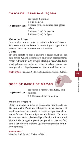 55
LIVRODERECEITASMESASESC
CASCA DE LARANJA GLAÇADA
Ingredientes
cascas de 8 laranjas
1 litro de água
1 xícara (chá) de açúcar para glaçar
calda
3 xícaras (chá) de açúcar
2 xícaras (chá) de água
Modo de Preparo
Lavar muito bem as cascas e cortar em tirinhas. Levar ao
fogo com a água e deixar cozinhar. Jogar a água fora e
lavar as cascas em água corrente. Reservar.
Calda
Em uma panela colocar o açúcar e a água e levar ao fogo
para ferver. Quando começar a engrossar, acrescentar as
cascas e deixar no fogo até que elas fiquem cozidas. Pode
servir gelada com calda, ou retirar da calda, escorrer em
uma peneira e depois passar no açúcar e deixar secar.
Nutrientes Vitaminas A e C, Folato, Potássio, Fósforo e Selênio.
DOCE DE CASCA DE MAMÃO
Ingredientes
cascas de 6 mamões maduros, bem
lavadas
3 1/2 xícaras (chá) de açúcar
Modo de Preparo
Deixe de molho na água as cascas dos mamões de um
dia para outro. Pique-as, coloque-as numa panela e dê
três fervuras, acrescentando as cascas sempre quando le-
vantar fervura. Troque a água a cada fervura. Na quarta
fervura, deixe esfriar, bata no liquidificador adicionando 1
xícara (chá) de água e passe por peneira. Leve ao fogo
com o açúcar até dar ponto (quando desprender do fun-
do da panela).
Nutrientes
Vitaminas A, C, B1 e B2, Fósforo e Cálcio.
 