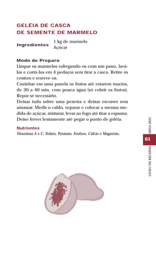 61
LIVRODERECEITASMESASESC
GELÉIA DE CASCA
DE SEMENTE DE MARMELO
Ingredientes
1 kg de marmelo
Açúcar
Modo de Preparo
Limpar os marmelos esfregando-os com um pano, lavá-
los e cortá-los em 4 pedaços sem tirar a casca. Retire os
centros e reserve-os.
Cozinhar em uma panela os frutos até estarem macios,
de 30 a 40 min, com pouca água (só cobrir os frutos).
Repor se necessário.
Deixar tudo sobre uma peneira e deixar escorrer sem
amassar. Medir o caldo, separar e colocar a mesma me-
dida de açúcar, misturar, levar ao fogo até tirar a espuma.
Deixe ferver lentamente até pegar o ponto de geléia.
Nutrientes
Vitaminas A e C, Folato, Potássio, Fósforo, Cálcio e Magnésio.
 