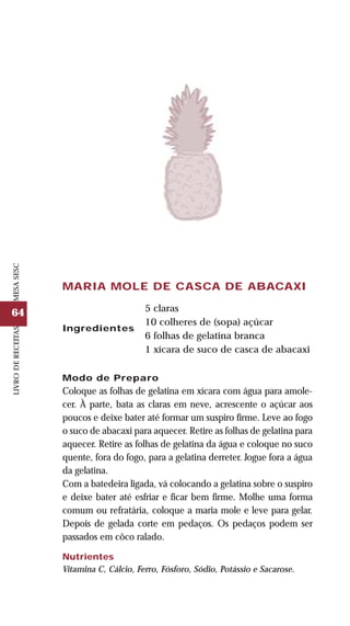 64
LIVRODERECEITASMESASESC
MARIA MOLE DE CASCA DE ABACAXI
5 claras
10 colheres de (sopa) açúcar
6 folhas de gelatina branca
1 xícara de suco de casca de abacaxi
Ingredientes
Modo de Preparo
Coloque as folhas de gelatina em xícara com água para amole-
cer. À parte, bata as claras em neve, acrescente o açúcar aos
poucos e deixe bater até formar um suspiro firme. Leve ao fogo
o suco de abacaxi para aquecer. Retire as folhas de gelatina para
aquecer. Retire as folhas de gelatina da água e coloque no suco
quente, fora do fogo, para a gelatina derreter. Jogue fora a água
da gelatina.
Com a batedeira ligada, vá colocando a gelatina sobre o suspiro
e deixe bater até esfriar e ficar bem firme. Molhe uma forma
comum ou refratária, coloque a maria mole e leve para gelar.
Depois de gelada corte em pedaços. Os pedaços podem ser
passados em côco ralado.
Nutrientes
Vitamina C, Cálcio, Ferro, Fósforo, Sódio, Potássio e Sacarose.
 