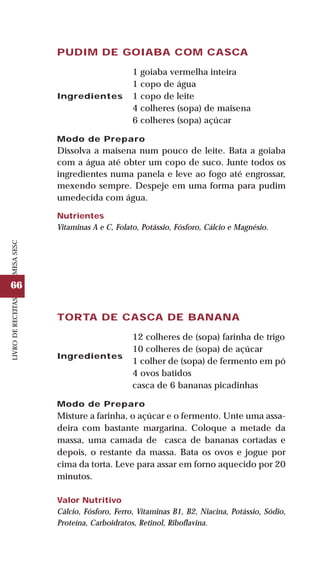 66
LIVRODERECEITASMESASESC
Ingredientes
PUDIM DE GOIABA COM CASCA
1 goiaba vermelha inteira
1 copo de água
1 copo de leite
4 colheres (sopa) de maisena
6 colheres (sopa) açúcar
Modo de Preparo
Dissolva a maisena num pouco de leite. Bata a goiaba
com a água até obter um copo de suco. Junte todos os
ingredientes numa panela e leve ao fogo até engrossar,
mexendo sempre. Despeje em uma forma para pudim
umedecida com água.
Nutrientes
Vitaminas A e C, Folato, Potássio, Fósforo, Cálcio e Magnésio.
TORTA DE CASCA DE BANANA
12 colheres de (sopa) farinha de trigo
10 colheres de (sopa) de açúcar
1 colher de (sopa) de fermento em pó
4 ovos batidos
casca de 6 bananas picadinhas
Modo de Preparo
Misture a farinha, o açúcar e o fermento. Unte uma assa-
deira com bastante margarina. Coloque a metade da
massa, uma camada de casca de bananas cortadas e
depois, o restante da massa. Bata os ovos e jogue por
cima da torta. Leve para assar em forno aquecido por 20
minutos.
Valor Nutritivo
Cálcio, Fósforo, Ferro, Vitaminas B1, B2, Niacina, Potássio, Sódio,
Proteína, Carboidratos, Retinol, Riboflavina.
Ingredientes
 