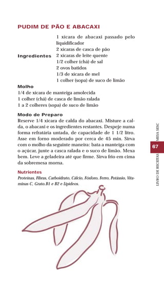 67
LIVRODERECEITASMESASESC
PUDIM DE PÃO E ABACAXI
1 xícara de abacaxi passado pelo
liquidificador
2 xícaras de casca de pão
2 xícaras de leite quente
1/2 colher (chá) de sal
2 ovos batidos
1/3 de xícara de mel
1 colher (sopa) de suco de limão
Molho
1/4 de xícara de manteiga amolecida
1 colher (chá) de casca de limão ralada
1 a 2 colheres (sopa) de suco de limão
Modo de Preparo
Reserve 1/4 xícara de calda do abacaxi. Misture a cal-
da, o abacaxi e os ingredientes restantes. Despeje numa
forma refratária untada, de capacidade de 1 1/2 litro.
Asse em forno moderado por cerca de 45 min. Sirva
com o molho da seguinte maneira: bata a manteiga com
o açúcar, junte a casca ralada e o suco de limão. Mexa
bem. Leve a geladeira até que firme. Sirva frio em cima
da sobremesa morna.
Nutrientes
Proteínas, Fibras, Carboidrato, Cálcio, Fósforo, Ferro, Potássio, Vita-
minas C, Grato.B1 e B2 e Lipídeos.
Ingredientes
 
