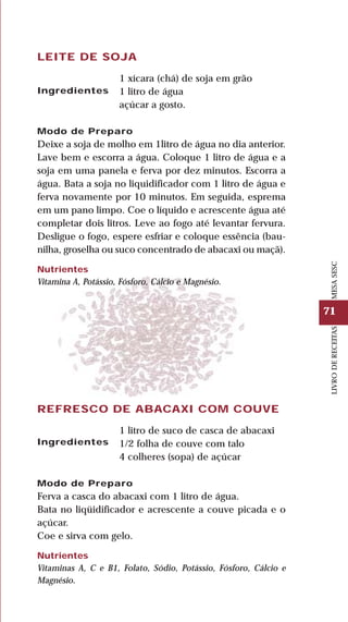 71
LIVRODERECEITASMESASESC
LEITE DE SOJA
1 xícara (chá) de soja em grão
1 litro de água
açúcar a gosto.
Modo de Preparo
Deixe a soja de molho em 1litro de água no dia anterior.
Lave bem e escorra a água. Coloque 1 litro de água e a
soja em uma panela e ferva por dez minutos. Escorra a
água. Bata a soja no liquidificador com 1 litro de água e
ferva novamente por 10 minutos. Em seguida, esprema
em um pano limpo. Coe o líquido e acrescente água até
completar dois litros. Leve ao fogo até levantar fervura.
Desligue o fogo, espere esfriar e coloque essência (bau-
nilha, groselha ou suco concentrado de abacaxi ou maçã).
Nutrientes
Vitamina A, Potássio, Fósforo, Cálcio e Magnésio.
Ingredientes
REFRESCO DE ABACAXI COM COUVE
1 litro de suco de casca de abacaxi
1/2 folha de couve com talo
4 colheres (sopa) de açúcar
Modo de Preparo
Ferva a casca do abacaxi com 1 litro de água.
Bata no liqüidificador e acrescente a couve picada e o
açúcar.
Coe e sirva com gelo.
Nutrientes
Vitaminas A, C e B1, Folato, Sódio, Potássio, Fósforo, Cálcio e
Magnésio.
Ingredientes
 