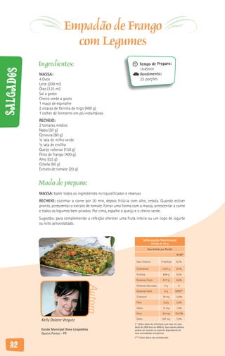 Empadão de Frango
                             com Legumes
           Ingredientes:                                                   Tempo de Preparo:
                                                                           1h45min
Salgados



           MASSA:                                                          Rendimento:
           4 Ovos                                                          25 porções
           Leite (200 ml)
           Óleo (125 ml)
           Sal a gosto
           Cheiro verde a gosto
           1 maço de espinafre
           2 xícaras de farinha de trigo (400 g)
           1 colher de fermento em pó instantâneo
           RECHEIO:
           2 tomates médios
           Nabo (50 g)
           Cenoura (80 g)
           ½ lata de milho verde
           ½ lata de ervilha
           Queijo colonial (150 g)
           Peito de frango (400 g)
           Alho (0,5 g)
           Cebola (60 g)
           Extrato de tomate (20 g)


           Modo de preparo:
           MASSA: bater todos os ingredientes no liquidificador e reservar.
           RECHEIO: cozinhar a carne por 30 min, depois fritá-la com alho, cebola. Quando estiver
           pronto, acrescentar o extrato de tomate. Forrar uma forma com a massa, acrescentar a carne
           e todos os legumes bem picados. Por cima, espalhe o queijo e o cheiro verde.
           Sugestão: para complementar a refeição oferecer uma fruta inteira ou um copo de iogurte
           ou leite achocolatado.


                                                                                 Informação Nutricional
                                                                                         Porção de 95 g

                                                                                     Quantidade por Porção

                                                                                                                 % VD*

                                                                        Valor Calórico            174,6 Kcal     8,7%

                                                                        Carboidrato                 15,27 g      0,7%

                                                                        Proteína                    8,09 g       0,2%

                                                                        Gorduras Totais             9,17 g       0,5%
                                          Autora




                                                                        Gorduras Saturadas            0g           0

                                                                        Gorduras Trans                0g        VDNE**

                                                                        Colesterol                  38 mg       12,6%

                                                                        Fibra                        0,5 g       2,5%

                                                                        Cálcio                      15 mg        1,5%

                                                                        Ferro                       2,6 mg     18,57%

                                                                        Sódio                      287 mg        7,2%
            Kelly Daiane Vergutz
                                                                      ( * ) Valor diário de referência com base em uma
                                                                      dieta de 2000 kcal ou 8400 kj. Seus valores diários
            Escola Municipal Dona Leopoldina                          podem ser maiores ou menores dependendo de
            Quatro Pontes - PR                                        suas necessidades energéticas.
                                                                      ( ** ) Valor diário não estabelecido.


   32
 