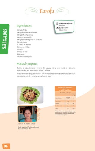 Farofa
                                                                           Tempo de Preparo:
           Ingredientes:                                                   1h30min
                                                                           Rendimento:
Salgados



           300 g de feijão                                                 38 porções
           200 g de farinha de mandioca
           300 g de farinha de bijú
           200 g de carne moída
           300 g de carne de porco ou torresmo
           100 g de couve
           ½ cabeça de repolho
           3 cenouras médias
           1 cebola
           1 xícara de óleo
           Sal a gosto
           Tempero verde a gosto



           Modo de preparo:
           Cozinhe o feijão, tempere e reserve. Em seguida frite a carne moída e a de porco
           separadas. Corte o repolho bem fininho e refogue.
           Rale a cenoura e refogue também, e por último corte a cebola e os temperos e misture
           todos os ingredientes em uma panela fora do fogo.




                                                                          Informação Nutricional
                                                                                  Porção de 50 g
                                                                             (5 colheres (sopa) cheias)

                                                                              Quantidade por Porção

                                                                                                            % VD*

                                                                                            123 Kcal/
                                                                  Valor Calórico                             6%
                                                                                             517 KJ

                                                                  Carboidrato                  15 g          5%

                                                                  Proteína                    4,5 g          6%

                                                                  Gorduras Totais             5,3 g         10%
                                         Autora




                                                                  Fibra                       2,5 g         10%

                                                                 ( * ) Valor diário de referência com base em uma
                                                                 dieta de 2000 kcal ou 8400 kj. Seus valores diários
                                                                 podem ser maiores ou menores dependendo de
                                                                 suas necessidades energéticas.




            Valmira de Freitas Lisboa
            Escola Municipal Presidente Kennedy
            Diamante D’Oeste - PR




   34
 