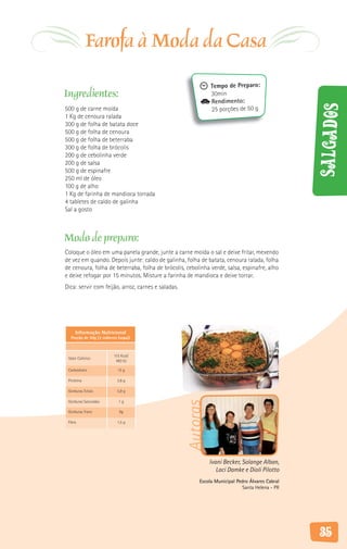 Farofa à Moda da Casa
                                                              Tempo de Preparo:
Ingredientes:                                                 30min
                                                              Rendimento:




                                                                                                Salgados
500 g de carne moída                                          25 porções de 50 g
1 Kg de cenoura ralada
300 g de folha de batata doce
500 g de folha de cenoura
500 g de folha de beterraba
300 g de folha de brócolis
200 g de cebolinha verde
200 g de salsa
500 g de espinafre
250 ml de óleo
100 g de alho
1 Kg de farinha de mandioca torrada
4 tabletes de caldo de galinha
Sal a gosto



Modo de preparo:
Coloque o óleo em uma panela grande, junte a carne moída o sal e deixe fritar, mexendo
de vez em quando. Depois junte: caldo de galinha, folha de batata, cenoura ralada, folha
de cenoura, folha de beterraba, folha de brócolis, cebolinha verde, salsa, espinafre, alho
e deixe refogar por 15 minutos. Misture a farinha de mandioca e deixe torrar.
Dica: servir com feijão, arroz, carnes e saladas.




     Informação Nutricional
  Porção de 50g (3 colheres (sopa))



                          115 Kcal/
 Valor Calórico
                           483 KJ

 Carboidrato                15 g

 Proteína                   2,6 g

 Gorduras Totais            5,9 g

 Gorduras Saturadas         1g
                                                    Autoras




 Gorduras Trans              0g

 Fibra                      1,5 g




                                                              Ivani Becker, Solange Alban,
                                                                 Laci Damke e Dioli Pilotto
                                                        Escola Municipal Pedro Álvares Cabral
                                                                           Santa Helena - PR




                                                                                                35
 