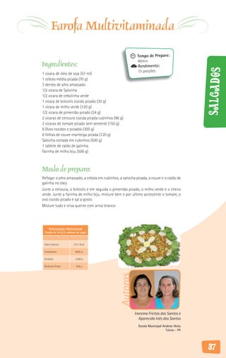 Farofa Multivitaminada
                                                           Tempo de Preparo:
                                                           40min
Ingredientes:                                              Rendimento:




                                                                                            Salgados
                                                           15 porções
1 xícara de óleo de soja (57 ml)
1 cebola média picada (70 g)
3 dentes de alho amassado
1/2 xícara de Salsinha
1/2 xícara de cebolinha verde
1 xícara de brócolis cozido picado (30 g)
1 xícara de milho verde (120 g)
1/2 xícara de pimentão picado (24 g)
2 xícaras de cenoura cozida picada cubinhos (96 g)
2 xícaras de tomate picado sem semente (150 g)
6 Ovos cozidos e picados (300 g)
6 folhas de couve-manteiga picada (120 g)
Salsicha cortada em cubinhos (500 g)
1 tablete de caldo de galinha
Farinha de milho biju (500 g)



Modo de preparo:
Refogar o alho amassado, a cebola em cubinhos, a salsicha picada, a couve e o caldo de
galinha no óleo.
Junte a cenoura, o brócolis e em seguida o pimentão picado, o milho verde e o cheiro
verde. Junte a farinha de milho biju, misture bem e por último acrescente o tomate, o
ovo cozido picado e sal a gosto.
Misture tudo e sirva quente com arroz branco.




     Informação Nutricional
 Porção de 50 g (3 colheres de sopa)



 Valor Calórico          311,7 Kcal

 Carboidrato              28,05 g

 Proteína                 12,09 g

 Gorduras Totais           16,8 g
                                               Autoras




                                                         Iracema Freitas dos Santos e
                                                            Aparecida Inês dos Santos
                                                           Escola Municipal Arsênio Heiss
                                                                              Toledo - PR




                                                                                            37
 