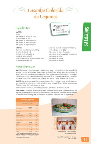 Lasanha Colorida
                                 de Legumes
                                                                        Tempo de Preparo:
Ingredientes:                                                           2h30min




                                                                                                               Salgados
                                                                        Rendimento:
MASSA:                                                                  16 porções de 185 g
3 ovos
500 gramas de farinha de trigo
1 colher (sopa) de óleo
300 gramas de beterraba cozida
300 gramas de cenoura cozida
300 gramas de espinafre cozido
MOLHO:                                                         3 colheres (sopa) de amido de milho (50 g)
2 colheres (sopa) de manteiga (20 g)                           1 colher (sopa) de sal (20 g)
½ colher de óleo (8 ml)                                        300 gramas de couve flor cozida
1 cebola média ralada (50 g)                                   300 gramas de cenoura picada em cubinhos
2 caldo de galinha (20 g)                                      200 gramas de milho
1 colher (sobremesa) de noz-moscada (10 g)                     200 gramas de ervilha
3 copos de leite (500 ml)                                      200 gramas de brócolis


Modo de preparo:
MASSA: coloque a farinha, os ovos e o óleo numa bacia e misture bem até dar ponto. Divida
a massa em três partes iguais. À parte bata no liquidificador a beterraba com um pouco de
água e acrescente a uma das partes da massa. Fazer o mesmo procedimento com a cenoura e o
espinafre. Acrescente mais farinha de trigo se precisar. Deixe a massa descansar por 1 hora. Abra
as massas em tiras bem finas, cozinhe em água bem quente e passe por água fria. Reserve.
MOLHO: leve ao fogo uma panela com a manteiga e o óleo e a cebola, refogue bem. Acrescente o
leite e o amido de milho, junte o caldo de galinha, a noz moscada. Deixe cozinhar até engrosssar.
Cozinhe a couve flor, o brócolis e a cenoura.
Juntar ao molho a cenoura, a couve flor, o brócolis, o milho e a ervilha misture bem.
MONTAGEM: 1ª camada: molho com legumes; 2ª camada: massa verde; 3ª camada: molho com
legumes; 4ª camada: massa amarela; 5ª camada: molho com legumes; 6ª camada: massa vermelha;
7ª camada: molho com legumes. Ir alternando as camadas, até acabar com os ingredientes.

              Informação Nutricional
                     Porção de 180 g

                  Quantidade por Porção

                                                   % VD*

                                  240 Kcal/
 Valor Calórico                                   12%
                                   688 KJ

 Carboidrato                            40 g      13%

 Proteína                           8,4 g         11%

 Gorduras Totais                    3,8 g          7%
                                                                    Autoras




 Gorduras Saturadas                 1,3 g          6%

 Gorduras Trans                         0g       VDNE**

 Colesterol                         42,5 g        14%

 Fibra                              2,2 g          9%

 Cálcio                             70 mg          9%

 Ferro                             1,8 mg         13%

 Sódio                             533 mg         23%                         Vera da Silva, Dulce Vergani
( * ) Valor diário de referência com base em uma dieta de                                 e Celma Schoier
2000 kcal ou 8400 kj. Seus valores diários podem ser maiores
ou menores dependendo de suas necessidades energéticas.
( ** ) Valor diário não estabelecido.
                                                                            Escola Municipal Leôncio Correia
                                                                                               Céu Azul - PR
                                                                                                               41
 