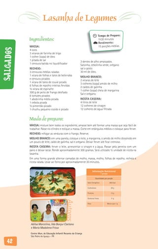 Lasanha de Legumes
                                                                                 Tempo de Preparo:
           Ingredientes:                                                         1h30 minutos
                                                                                 Rendimento:
           MASSA:                                                                15 porções médias
Salgados



           4 ovos
           3 xícaras de farinha de trigo
           1 colher (sopa) de óleo
           1 pitada de sal
                                                             3 dentes de alho amassados
           1 cenoura batida no liquidificador
                                                             Salsinha, cebolinha verde, orégano
           RECHEIO:                                          sal a gosto
           3 cenouras médias raladas                         30 ml de óleo.
           1 xícara de folhas e talos de beterraba
                                                             MOLHO BRANCO:
           e cenoura picados
                                                             2 xícaras de leite
           1 xícara de talos de couve picado
                                                             3 colheres (sopa) amido de milho
           6 folhas de repolho inteiras fervidas
                                                             2 caldos de galinha
           ½ xícara de espinafre
                                                             1 colher (sopa) cheia de margarina
           300 g de peito de frango desfiado
                                                             Sal e orégano.
           6 tomates picados
           1 abobrinha média picada                          RICOTA CASEIRA:
           1 cebola picada                                   4 litros de leite
           ½ pimentão picado                                 12 colheres de vinagre
           1 chuchu pequeno cozido e picado                  12 colheres de água filtrada


           Modo de preparo:
           MASSA: misture bem todos os ingrediente, amasse bem até formar uma massa que seja fácil de
           trabalhar. Passe no cilindro e estique a massa. Corte em retângulos médios e coloque para ferver.
           RECHEIO: refogar as verduras com o frango. Reserve.
           MOLHO BRANCO: em uma panela, coloque o leite, a margarina, o amido de milho dissolvido em
           um pouco de leite, caldo de galinha, sal e orégano. Deixar ferver até ficar cremoso.
           RICOTA CASEIRA: ferver o leite, acrescentar o vinagre e a água. Passar pela peneira com um
           pano e deixar secar. Rende aproximadamente 300 gramas. Será utilizado ½ unidade de ricota na
           lasanha.
           Em uma forma grande alternar camadas de molho, massa, molho, folhas de repolho, recheio e
           ricota ralada. Levar ao forno por aproximadamente 20 minutos.


                                                                           Informação Nutricional
                                                                                      1 porção

                                                                              Quantidade por porção

                                                                   Valor Energético              265 Kcal

                                                                   Carboidrato                    28 g

                                                                   Proteína                       13 g

                                                                   Gorduras Totais                 11 g
                                              Autoras




                                                                   Fibra                     Menor que 1 g




            Adilsa Marcelino, Ilda Bonjur Caetano
            e Maria Madalena Frisso
            Centro Mun. de Educação Infantil Recanto da Criança
            São Pedro do Iguaçu - PR

   42
 