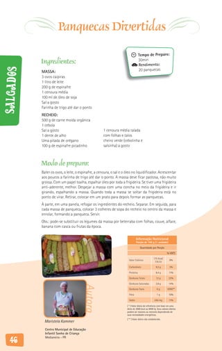 Panquecas Divertidas
                                                                                   Tempo de Preparo:
           Ingredientes:                                                           30min
                                                                                   Rendimento:
Salgados



           MASSA:                                                                  20 panquecas
           3 ovos caipiras
           1 litro de leite
           200 g de espinafre
           1 cenoura média
           100 ml de óleo de soja
           Sal a gosto
           Farinha de trigo até dar o ponto
           RECHEIO:
           500 g de carne moída orgânica
           1 cebola
           Sal a gosto                               1 cenoura média ralada
           1 dente de alho                           com folhas e talos
           Uma pitada de orégano                     cheiro verde (cebolinha e
           100 g de espinafre picadinho              salsinha) a gosto



           Modo de preparo:
           Bater os ovos, o leite, o espinafre, a cenoura, o sal e o óleo no liquidificador. Acrescentar
           aos poucos a farinha de trigo até dar o ponto. A massa deve ficar pastosa, não muito
           grossa. Com um papel toalha, espalhar óleo por toda a frigideira. Se tiver uma frigideira
           anti-aderente, melhor. Despejar a massa com uma concha no meio da frigideira e ir
           girando, espalhando a massa. Quando toda a massa se soltar da frigideira está no
           ponto de virar. Retirar, colocar em um prato para depois formar as panquecas.
           À parte, em uma panela, refogar os ingredientes do recheio. Separar. Em seguida, para
           cada massa de panqueca, colocar 3 colheres de sopa do recheio no centro da massa e
           enrolar, formando a panqueca. Servir.
           Obs.: pode-se substituir os legumes da massa por beterraba com folhas, couve, alface,
           banana com casca ou frutas da época.

                                                                                Informação Nutricional
                                                                                Porção de 100 g (1 unidade)

                                                                                    Quantidade por Porção

                                                                                                               % VD(*)

                                                                                                   175 Kcal/
                                                                        Valor Calórico                            9%
                                                                                                    735 KJ

                                                                        Carboidrato                  9,3 g        3%

                                                                        Proteína                     8,4 g       11%

                                                                        Gorduras Totais               12 g       22%

                                                                        Gorduras Saturadas           2,8 g       14%
                                       Autora




                                                                        Gorduras Trans                0g        VDNE**

                                                                        Fibra                         1g         10%

                                                                        Sódio                       240 mg       11%

                                                                      ( * ) Valor diário de referência com base em uma
                                                                      dieta de 2000 kcal ou 8400 kj. Seus valores diários
                                                                      podem ser maiores ou menores dependendo de
                                                                      suas necessidades energéticas.
                                                                      ( ** ) Valor diário não estabelecido.
             Maristela Kammer
             Centro Municipal de Educação
             Infantil Sonho de Criança
             Medianeira - PR
   46
 