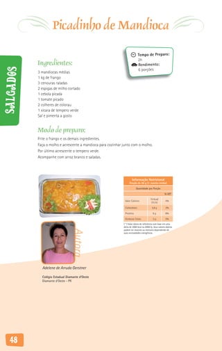Picadinho de Mandioca
                                                                             Tempo de Preparo:
                                                                             2h
           Ingredientes:                                                     Rendimento:
Salgados



                                                                             6 porções
           3 mandiocas médias
           1 kg de frango
           3 cenouras raladas
           2 espigas de milho cortado
           1 cebola picada
           1 tomate picado
           2 colheres de colorau
           1 xícara de tempero verde
           Sal e pimenta a gosto


           Modo de preparo:
           Frite o frango e os demais ingredientes.
           Faça o molho e acrescente a mandioca para cozinhar junto com o molho.
           Por último acrescente o tempero verde.
           Acompanhe com arroz branco e saladas.




                                                                      Informação Nutricional
                                                                    Porção de 50 g (1 concha média)

                                                                          Quantidade por Porção

                                                                                                         % VD*

                                                                                          75 Kcal/
                                                               Valor Calórico                             4%
                                                                                           315 KJ

                                                               Carboidrato                 5,8 g          2%

                                                               Proteína                     6g            8%

                                                               Gorduras Totais              3g            5%
                                                              ( * ) Valor diário de referência com base em uma
                                                              dieta de 2000 kcal ou 8400 kj. Seus valores diários
                                 Autora




                                                              podem ser maiores ou menores dependendo de
                                                              suas necessidades energéticas.




             Adelene de Arruda Gerstner

             Colégio Estadual Diamante d’Oeste
             Diamante d’Oeste - PR




   48
 