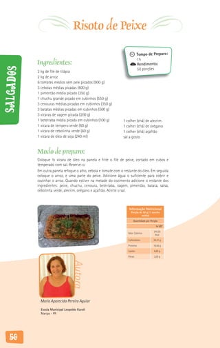 Risoto de Peixe
                                                                             Tempo de Preparo:
                                                                             1h
           Ingredientes:                                                     Rendimento:
Salgados



                                                                             50 porções
           2 kg de filé de tilápia
           2 kg de arroz
           6 tomates médios sem pele picados (900 g)
           3 cebolas médias picadas (600 g)
           1 pimentão médio picado (350 g)
           1 chuchu grande picado em cubinhos (550 g)
           3 cenouras médias picadas em cubinhos (350 g)
           3 batatas médias picadas em cubinhos (500 g)
           3 xícaras de vagem picada (200 g)
           1 beterraba média picada em cubinhos (100 g)         1 colher (chá) de alecrim
           1 xícara de tempero verde (60 g)                     1 colher (chá) de orégano
           1 xícara de cebolinha verde (60 g)                   1 colher (chá) açafrão
           1 xícara de óleo de soja (240 ml)                    sal a gosto


           Modo de preparo:
           Coloque ½ xícara de óleo na panela e frite o filé de peixe, cortado em cubos e
           temperado com sal. Reserve-o.
           Em outra panela refogue o alho, cebola e tomate com o restante do óleo. Em seguida
           coloque o arroz, e uma parte do peixe. Adicione água o suficiente para cobrir e
           cozinhar o arroz. Quando estiver na metade do cozimento adicione o restante dos
           ingredientes: peixe, chuchu, cenoura, beterraba, vagem, pimentão, batata, salsa,
           cebolinha verde, alecrim, orégano e açafrão. Acerte o sal.



                                                                    Informação Nutricional
                                                                     Porção de 50 g (1 concha
                                                                              média)

                                                                        Quantidade por Porção

                                                                                           % VD*

                                                                                         247,55
                                                                   Valor Calórico
                                                                                          Kcal

                                                                   Carboidrato           34,41 g

                                                                   Proteína              10,56 g

                                                                   Lipídio                6,63 g

                                                                   Fibras                 2,02 g
                                   Autora




            Maria Aparecida Pereira Aguiar

             Escola Municipal Leopoldo Kuroli
             Maripa - PR




   50
 