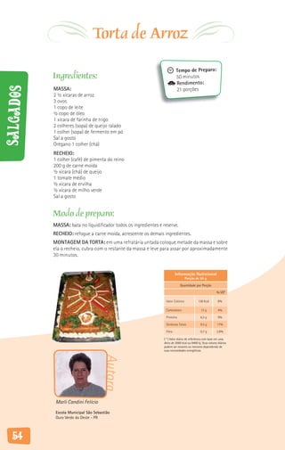Torta de Arroz
                                                                          Tempo de Preparo:
           Ingredientes:                                                  50 minutos
                                                                          Rendimento:
Salgados



           MASSA:                                                         21 porções
           2 ½ xícaras de arroz
           3 ovos
           1 copo de leite
           ½ copo de óleo
           1 xícara de farinha de trigo
           2 colheres (sopa) de queijo ralado
           1 colher (sopa) de fermento em pó
           Sal a gosto
           Orégano 1 colher (chá)
           RECHEIO:
           1 colher (café) de pimenta do reino
           200 g de carne moída
           ½ xícara (chá) de queijo
           1 tomate médio
           ½ xícara de ervilha
           ½ xícara de milho verde
           Sal a gosto


           Modo de preparo:
           MASSA: bata no liquidificador todos os ingredientes e reserve.
           RECHEIO: refogue a carne moída, acrescente os demais ingredientes.
           MONTAGEM DA TORTA: em uma refratária untada coloque metade da massa e sobre
           ela o recheio, cubra com o restante da massa e leve para assar por aproximadamente
           30 minutos.


                                                                          Informação Nutricional
                                                                                   Porção de 60 g

                                                                              Quantidade por Porção

                                                                                                            % VD*

                                                                  Valor Calórico             158 Kcal        8%

                                                                  Carboidrato                  12 g          4%

                                                                  Proteína                    6,5 g          9%

                                                                  Gorduras Totais             9,5 g         17%

                                                                  Fibra                       0,7 g         2,8%

                                                                 ( * ) Valor diário de referência com base em uma
                                                                 dieta de 2000 kcal ou 8400 kj. Seus valores diários
                                                                 podem ser maiores ou menores dependendo de
                                                                 suas necessidades energéticas.
                                      Autora




            Marli Candini Felício
            Escola Municipal São Sebastião
            Ouro Verde do Oeste - PR



   54
 