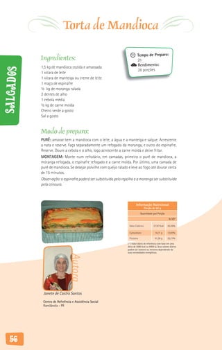 Torta de Mandioca
                                                                           Tempo de Preparo:
           Ingredientes:                                                   2h
           1,5 kg de mandioca cozida e amassada                            Rendimento:
Salgados



                                                                           28 porções
           1 xícara de leite
           1 xícara de manteiga ou creme de leite
           1 maço de espinafre
           ½ kg de moranga ralada
           2 dentes de alho
           1 cebola média
           ½ kg de carne moída
           Cheiro verde a gosto
           Sal a gosto


           Modo de preparo:
           PURÊ: amasse bem a mandioca com o leite, a água e a manteiga e salgue. Acrescente
           a nata e reserve. Faça separadamente um refogado da moranga, e outro do espinafre.
           Reserve. Doure a cebola e o alho, logo acrescente a carne moída e deixe fritar.
           MONTAGEM: Monte num refratário, em camadas, primeiro o purê de mandioca, a
           moranga refogada, o espinafre refogado e a carne moída. Por último, uma camada de
           purê de mandioca. Se desejar polvilhe com queijo ralado e leve ao fogo até dourar cerca
           de 15 minutos.
           Observação: o espinafre poderá ser substituído pelo repolho e a moranga ser substituída
           pela cenoura.



                                                                          Informação Nutricional
                                                                                    Porção de 60 g

                                                                               Quantidade por Porção

                                                                                                             % VD*

                                                                   Valor Calórico            57,97 Kcal    50,26%

                                                                   Carboidrato                16,11 g      13,97%

                                                                   Proteína                   41,26 g      35,77%
                                                                  ( * ) Valor diário de referência com base em uma
                                                                  dieta de 2000 kcal ou 8400 kj. Seus valores diários
                                                                  podem ser maiores ou menores dependendo de
                                                                  suas necessidades energéticas.
                               Autora




            Janete de Castro Santos
            Centro de Referência e Assistência Social
            Ramilândia - PR




   56
 